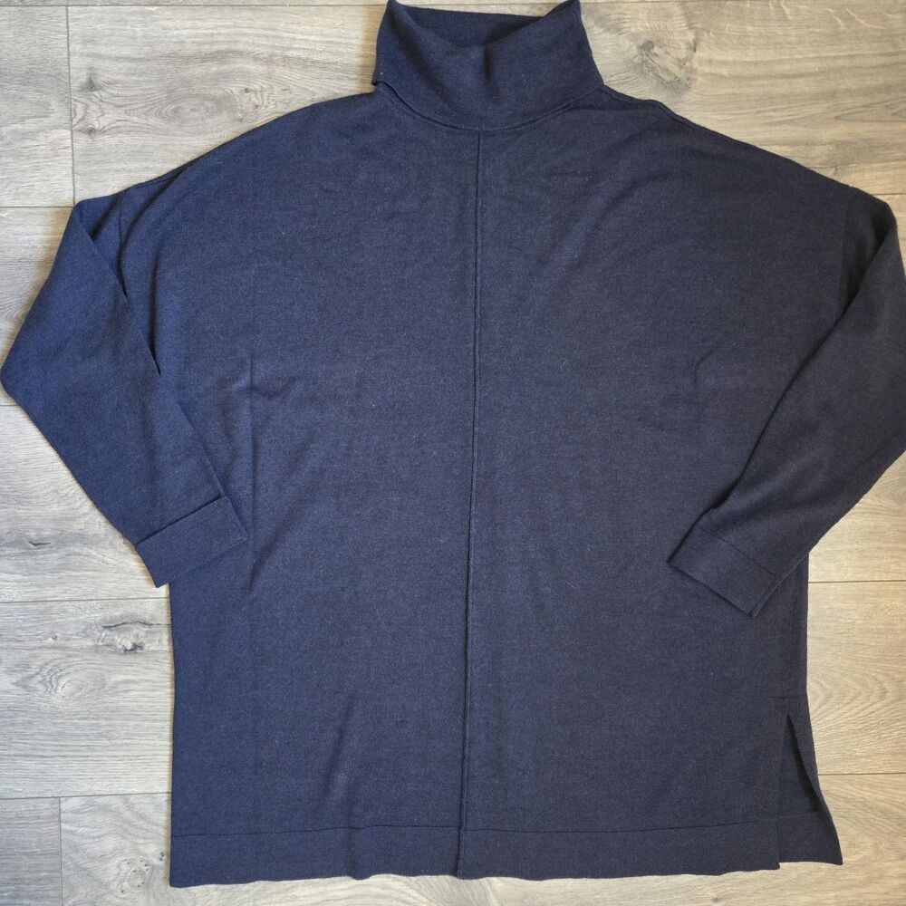 Eileen Fisher Merino Wool Turtleneck Sweater Medium Navy Blue Tunic Italian Yarn